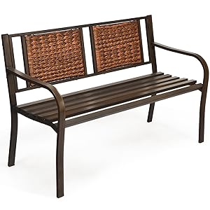 Metal Garden Bench, 2-3 Seater Bench with Polyrattan Backrest & Armrests, Park Bench up to 228 kg, Patio Bench for Garden, Balcony, Patio, Yard, 128 x 58 x 84 cm