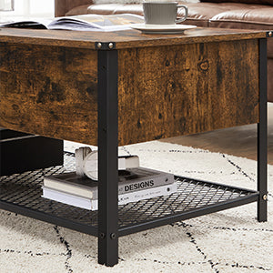 Coffee Table Living Room Table with Folding Top Closed Compartment and Mesh Shelf Metal Frame Industrial Style 100 x 55 x 47 cm Rustic Brown and Black LCT230B01