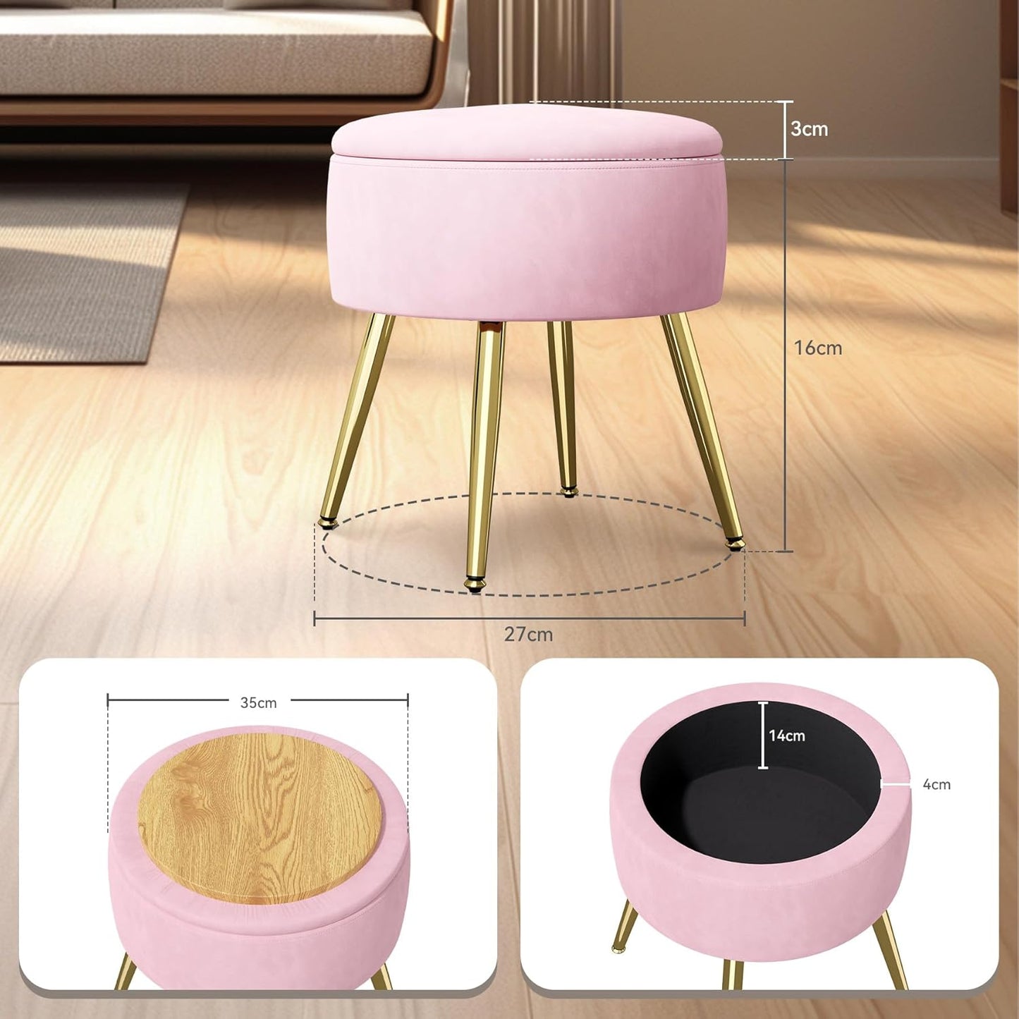 Stool with Storage Space Round Stool Dressing Table Stool Ottoman Round Padded Stool Removable Cover Metal Support Pink