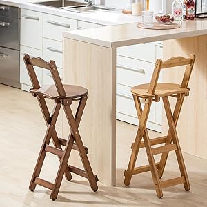 Bamboo Folding Bar Stool Counter Height Stool with Back Footrest Portable Bar Chair Dining Chairs for Kitchen Garden Indoor Outdoor No Assembly (Brown)