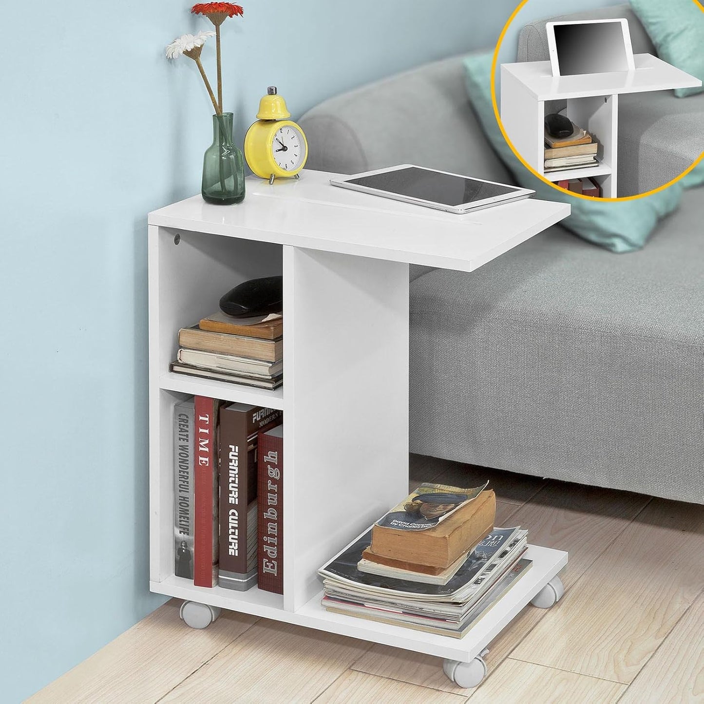 Side Table with Slot for iPad, Newspaper Stand, Coffee Table with Wheels, White, Width Approx. 45 x 58 x 35 cm