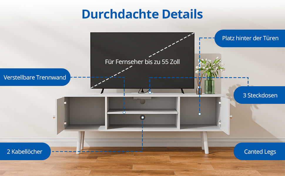 Cozy Castle TV Cabinet for TV 60 Inches, TV Lowboard with Sockets, 2 Cabinets and 2 Shelves, TV Table for Living Room, 135 x 50 x 40 cm, White