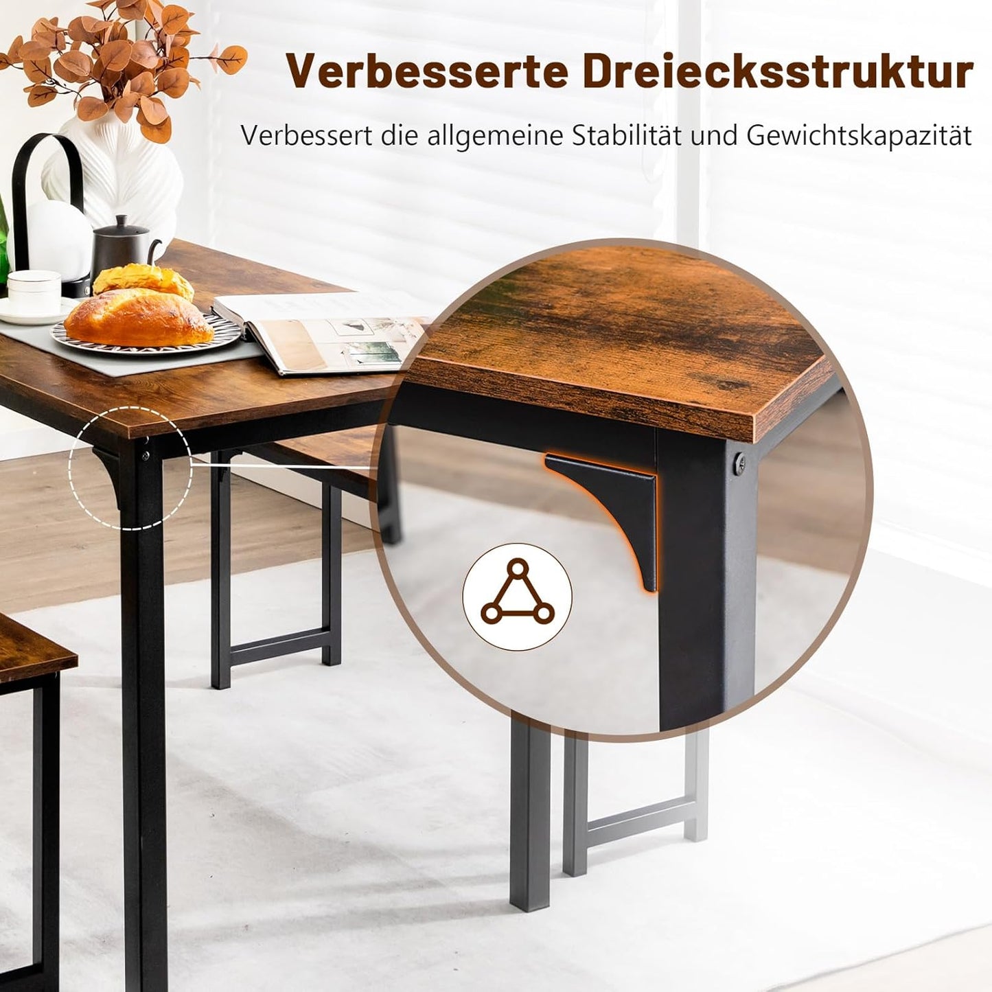 Esstisch mit 2 Bänken, 3-teilige Essgruppe, Küchentischset mit Metallgestell, Esszimmergruppe für 4 Personen, Industriedesign, Bartisch Set für Esszimmer Küche (Rustikales Braun)