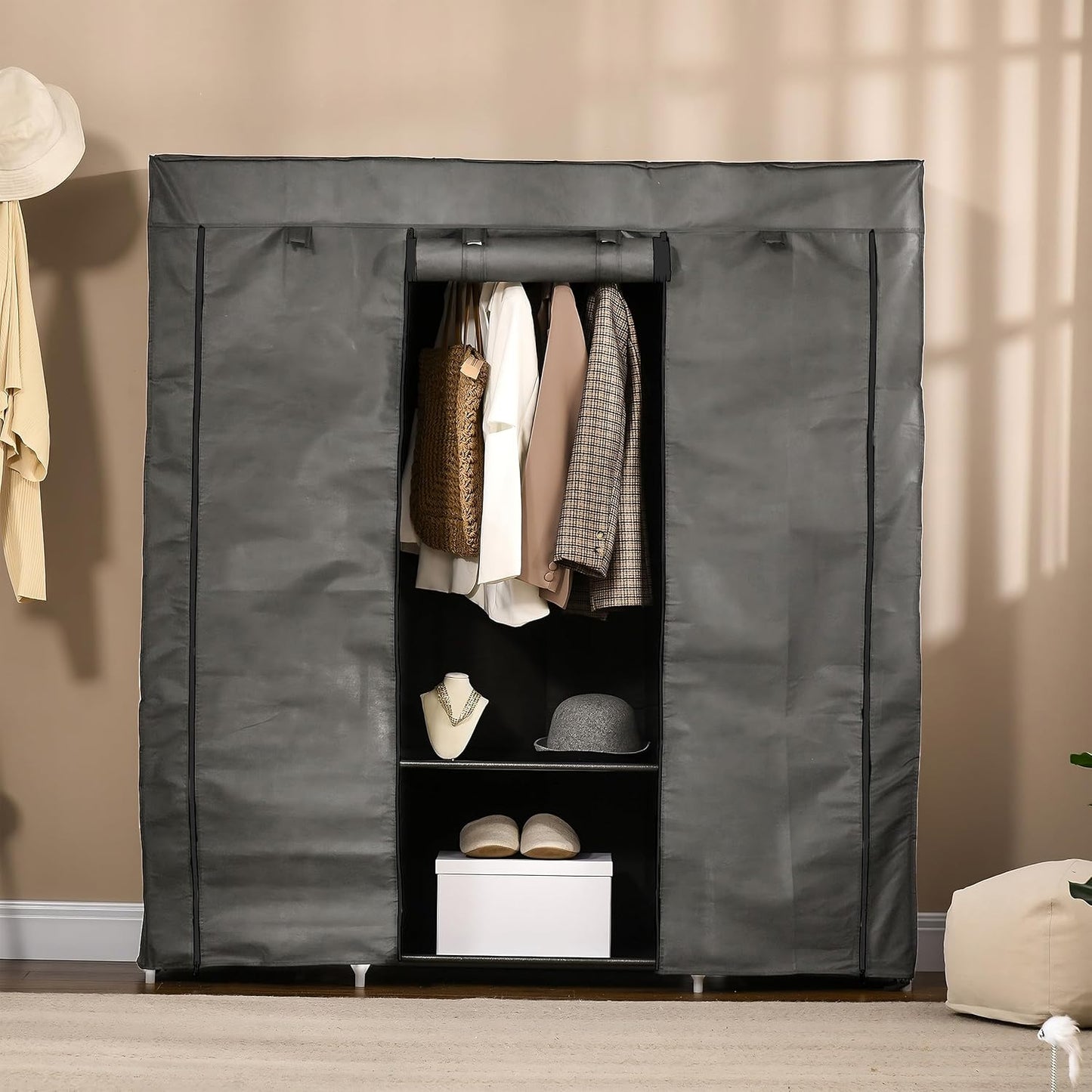 Retoo Kleiderschrank Einfach aus Stoff, Faltschrank, Stoffschrank Kleiderschrank mit Ablagen, Faltbare Textil Garderobe für Schlafzimmer, Ankleidezimmer, Speicherorganisator 148x42x172,5cm