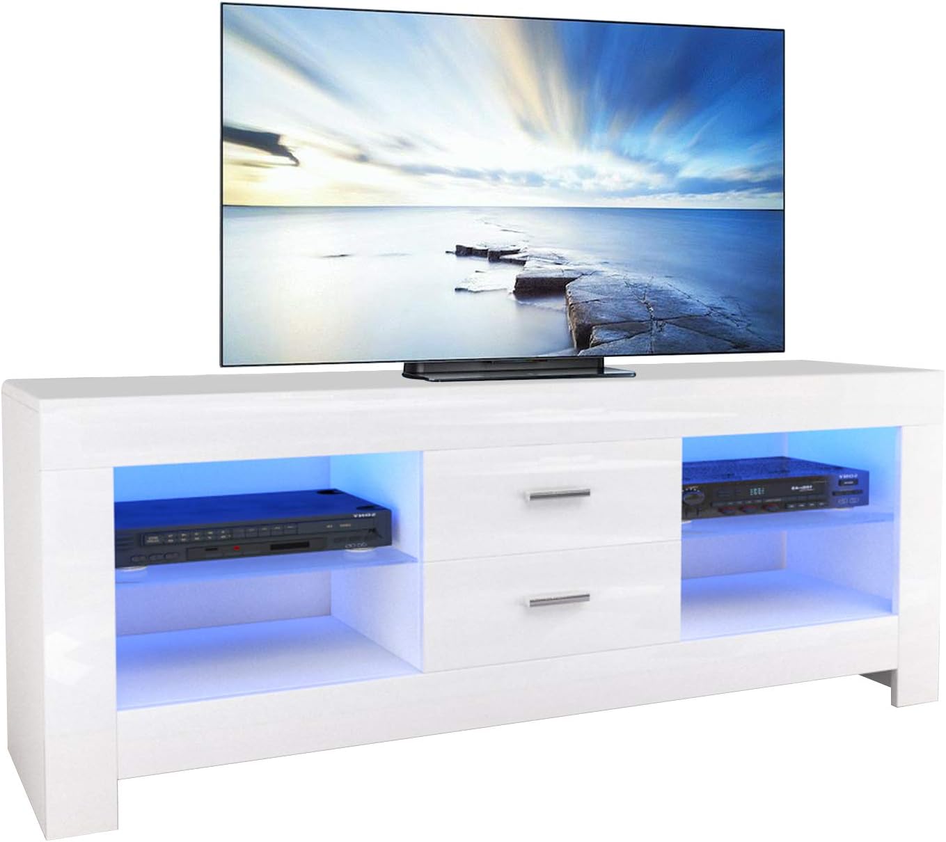 TV Lowboard, TV Sideboard with LED Lighting & Drawers, High Gloss TV Storage Unit, 130 x 50 x 35 cm, White