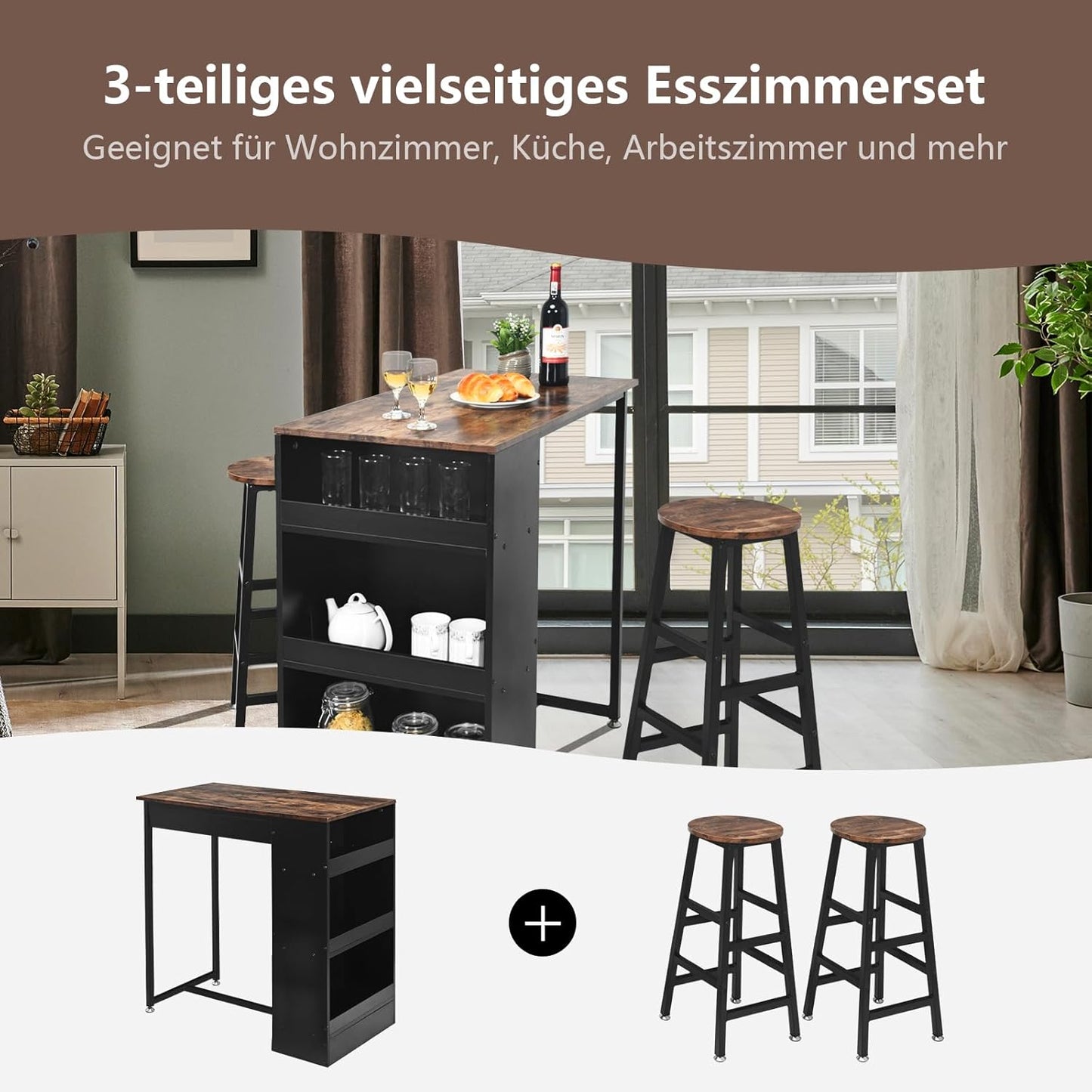 Bar Table Set 3-Piece Counter Table with 2 Bar Stools & 3 Shelves, Dining Table & Stool with Metal Frame, Dining Set for 2 People, Industrial Design, Vintage Brown + Black