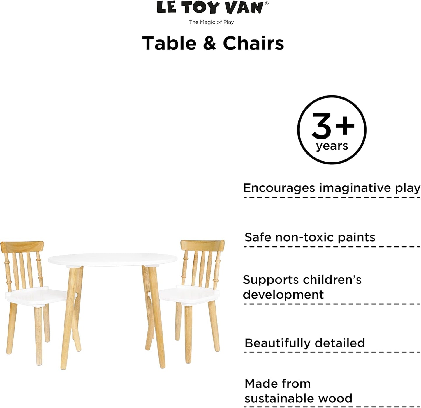 Le Toy Van - Honeybake - Table and Chairs - Kids Table and Chair Set - Natural Wood and White Chair and Table - 2 Chairs and 1 Table Set - Childrens Table and Chair Set - Age 3+ Years