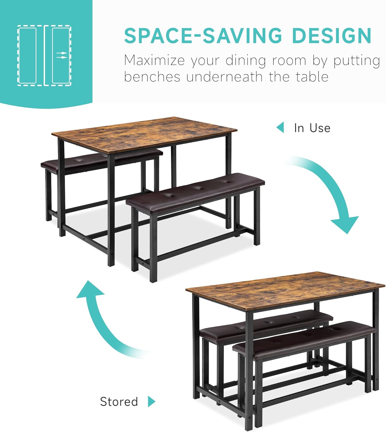 Dining Table with 2 Benches, 3-Piece Dining Set, Bar Table Set, Kitchen Table, Kitchen Table Set with Metal Frame, Dining Room Group for 4 People, for Dining Room, Kitchen