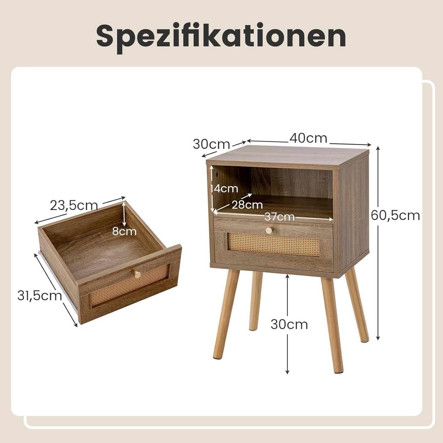 COSTWAY Nachttisch Rattan 2er Set, Nachtschrank mit Schublade & offenem Fach, Beistelltisch mit Massivholzbeinen, Nachtkommode im Boho-Stil, Sofatisch für Schlafzimmer, Wohnzimmer, 40 x 30 x 60,5 cm