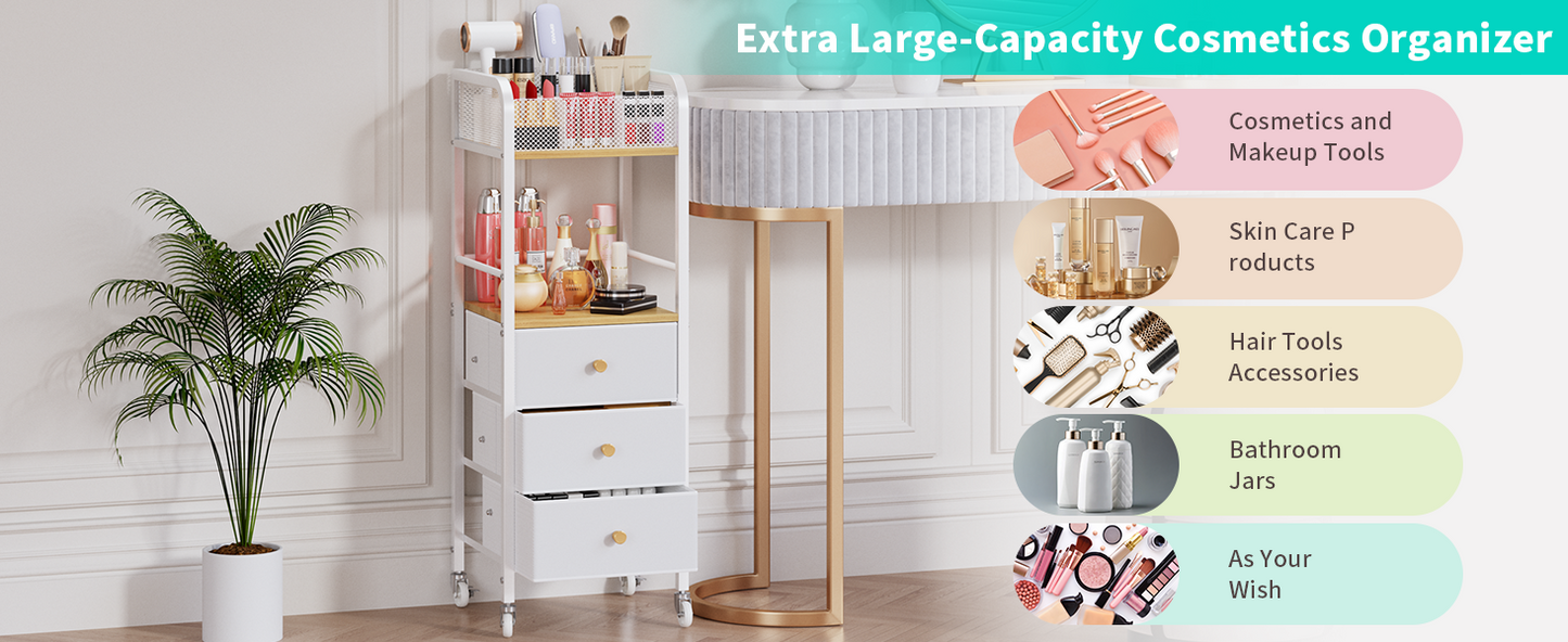 HapiRm Rolling Makeup Cart Organizer - Floor Skincare Make Up Storage with 3 Drawers, Vanity Organizer Cosmetic Display Cases Holder for Skin Care Perfume Nail Polish Brush Hair Tool