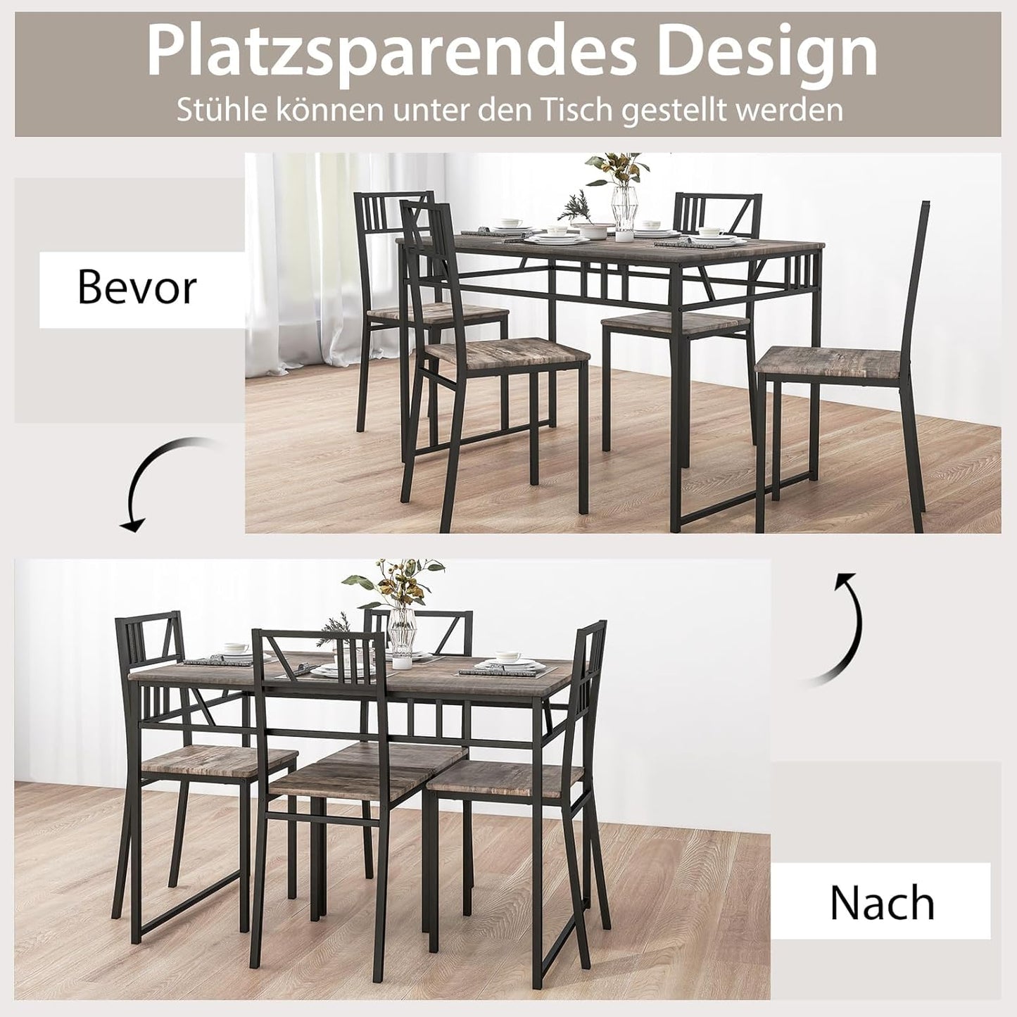 5 Piece Dining Table Set, Kitchen Table with 4 Chairs, Dining Set for 4 People, Rectangular Industrial Style Dining Room Table, Dining Set for Dining Room, Kitchen, Space Saving, Grey