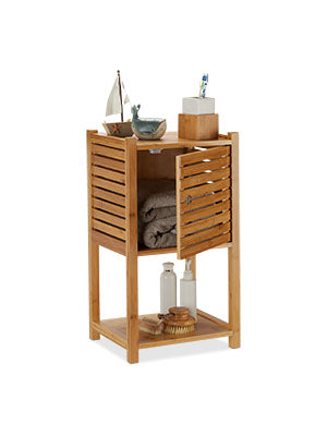 Relaxdays Bamboo Bathroom Shelf, 2 Shelves & 1 Compartment with Door, Bathroom & Kitchen, Slim, Small, Bathroom Furniture HBT 62.5 x 35 x 29 cm, Natural