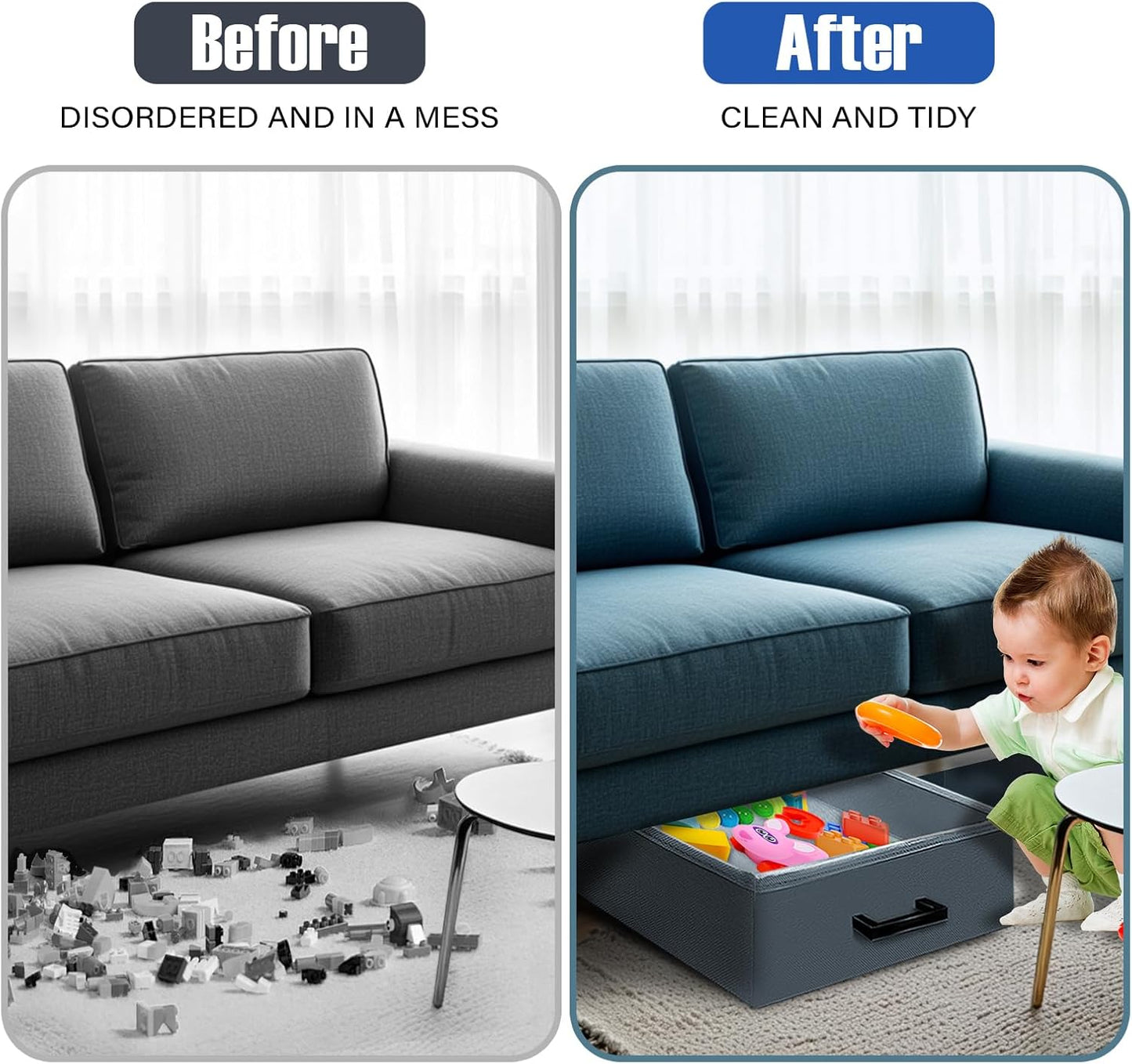 Under Couch Storage, 2 Pack Under Couch Storage Containers,Foldable Under Sofa Storage keeps things out,Under Couch Storage Box for Toys,Blocks,Puzzles,Plush Dolls,Books(23.62*15.75*5.51in)