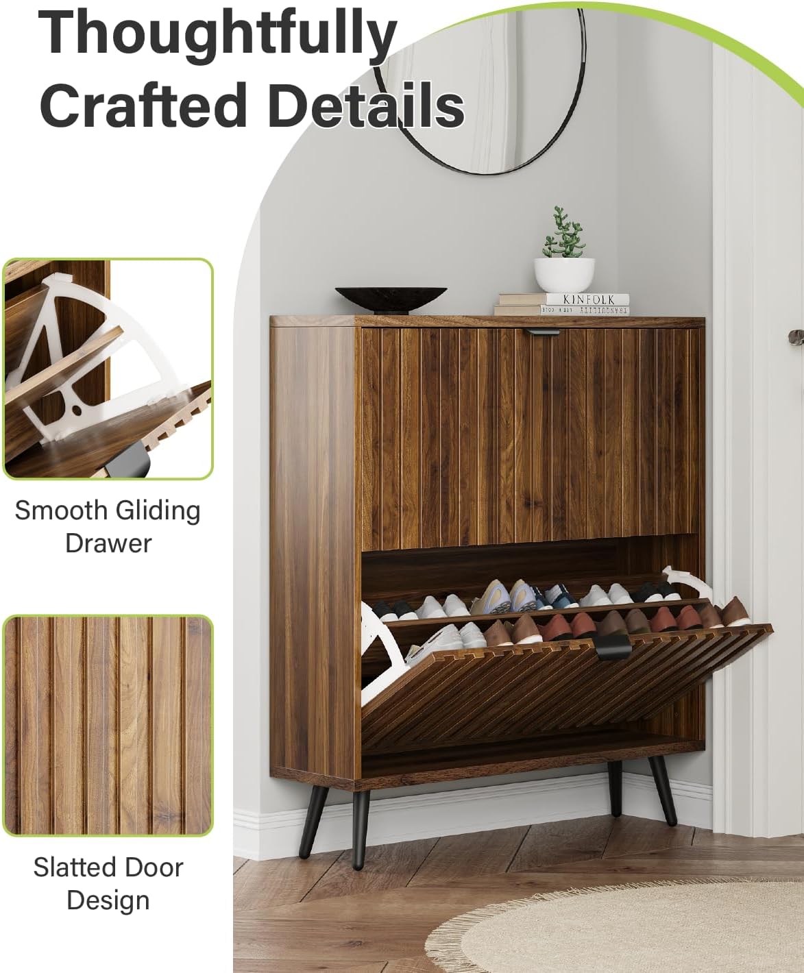 Shoe Storage Cabinet, Fluted Shoe Cabinet Storage for Entryway, Walnut Hidden Shoe Cabinet with Metal Legs,Shoe Organizer Cabinet with Flip Doors, Slim Entryway Shoe Storage Cabinet （31.5in）