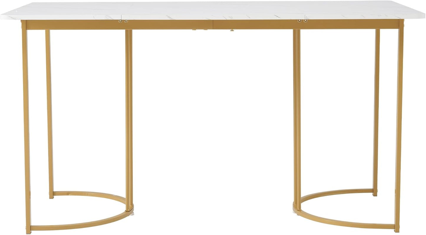 Dining Table 140 x 80 cm, Modern Kitchen Table with Metal Frame, Rectangular Marble Pattern Kitchen Table with Adjustable Feet for Dining Room and Living Room, White/Gold