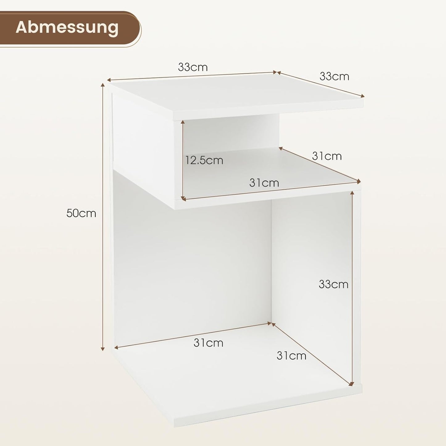 COSTWAY Wooden Side Table, 3 Levels Sofa Table, Bedside Table, White, Modern, for Living Room and Bedroom, 33 x 33 x 50 cm