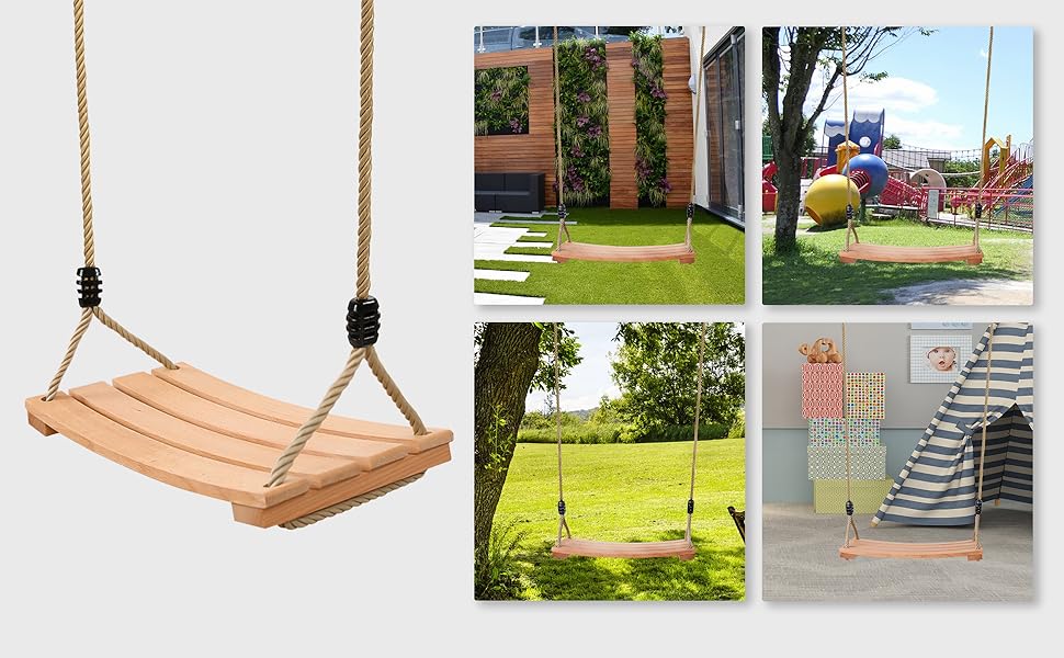 Classic Wooden Tree Swing Seat,Outdoor Tree Swing for Adults and Kids,Wooden Swing Seat with Strong Rope,Indoor/Outdoor Swing Seat for Garden, Patio, or Front Porch