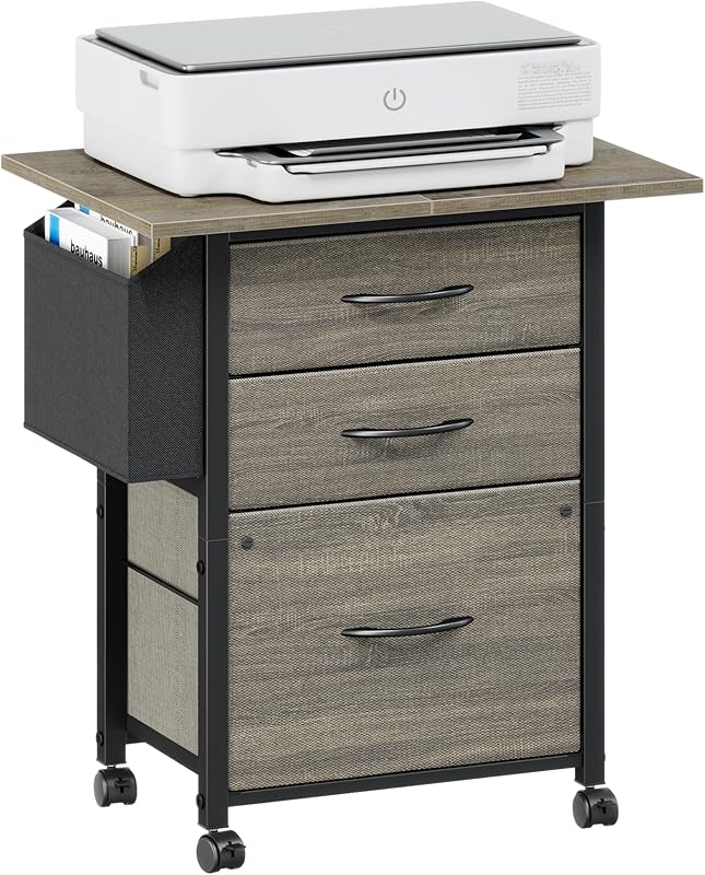 Mobile File Cabinet with 22'' Extended Shelf and Side Bag, Filing Cabinet 3 Drawer Fits A4/Letter Size, Rolling Printer Stand, File Cabinet for Home Office, Fabric Drawer, Rustic Brown