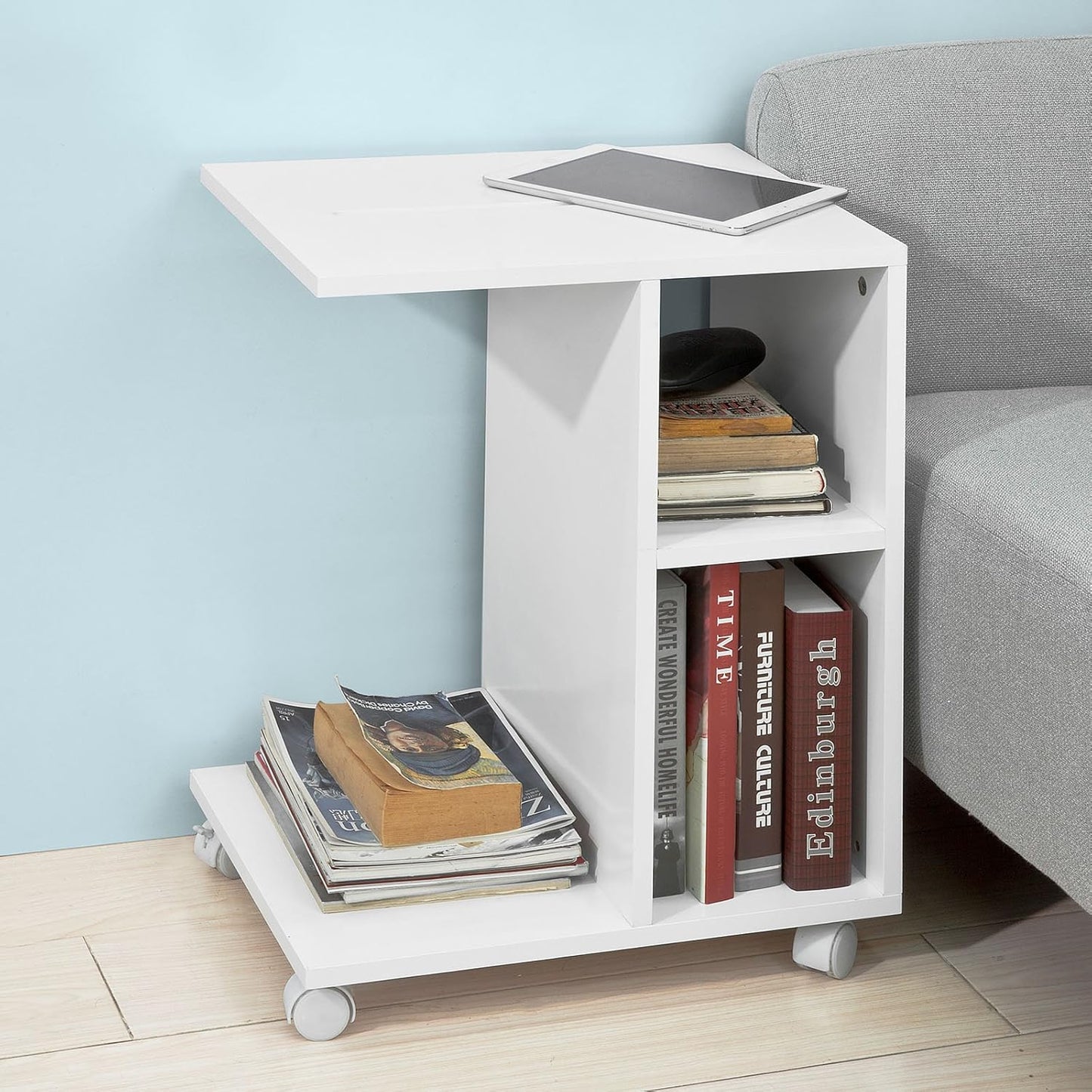 Side Table with Slot for iPad, Newspaper Stand, Coffee Table with Wheels, White, Width Approx. 45 x 58 x 35 cm