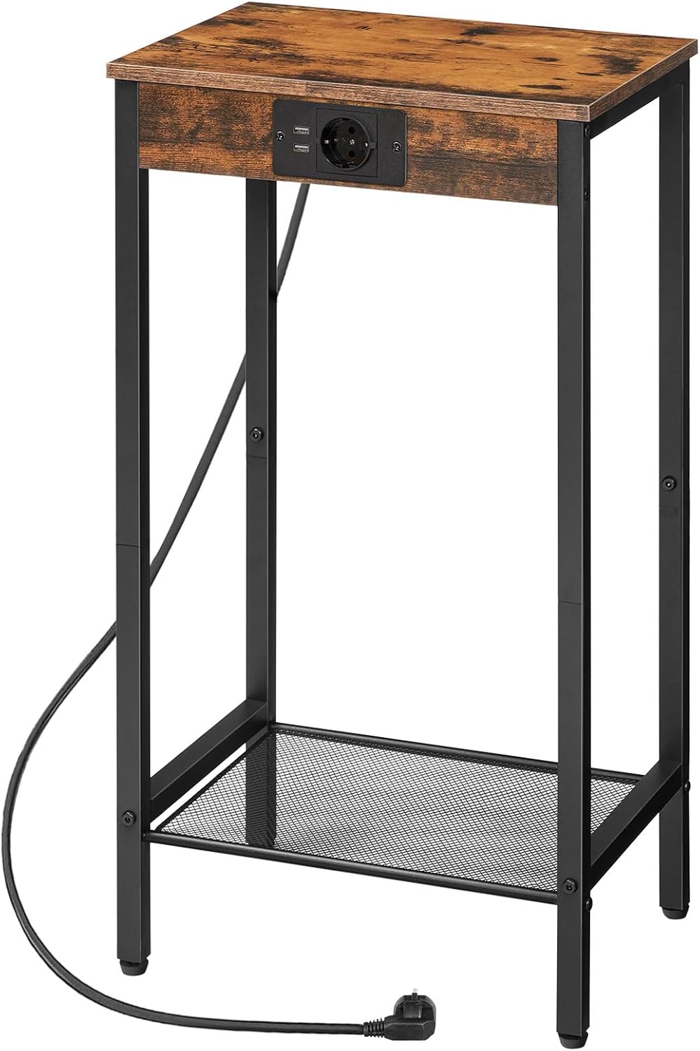 Side Table with Charging Station, Telephone Table High with Mesh Shelf, Narrow Bedside Table with Socket for Living Room, Bedroom, Vintage Brown and Black