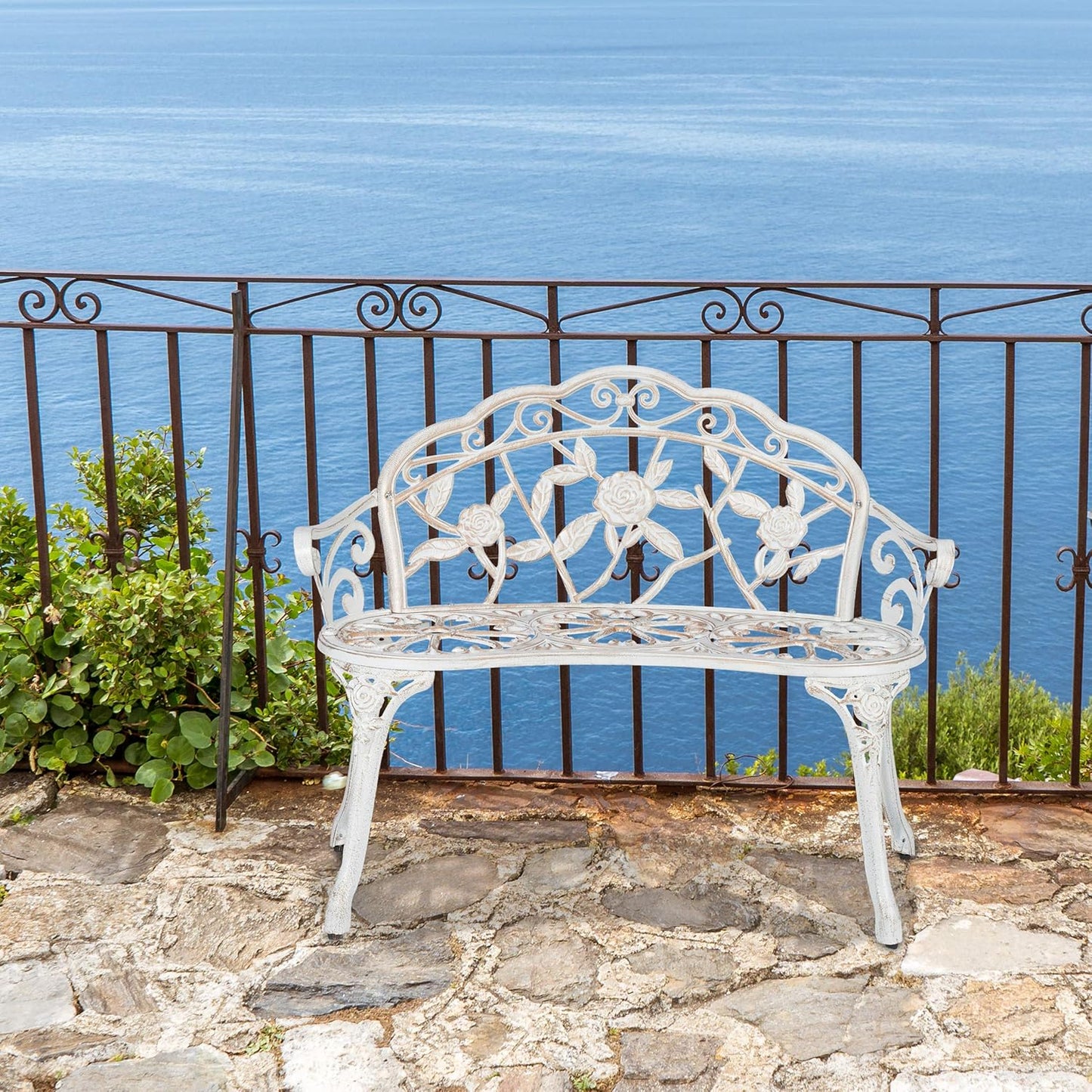 Garden Bench, 2 Seater, Roses, Patio, Balcony, Aluminium & Cast Iron, Antique Bench, 78 x 98 x 57 cm, White/Bronze