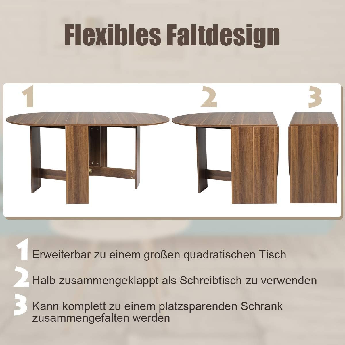 Esstisch klappbar, Küchentisch aus Holz, Esszimmertisch für 4-7 Personen, bis 60 kg belastbar, für kleine Räume, 163 x 80 x 75 cm