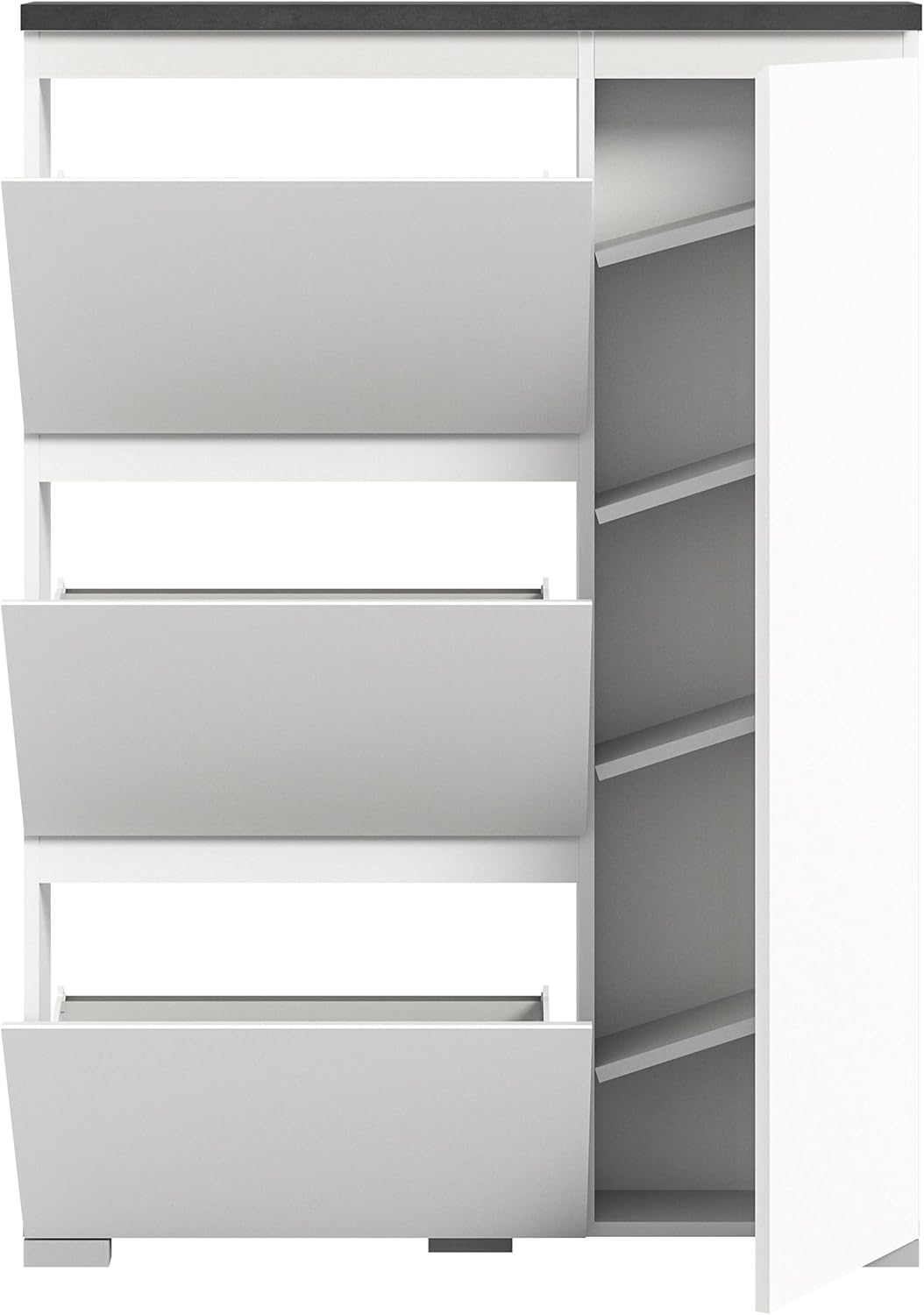 Shoe Cabinet Chest of Drawers in Body and Front White Nb. Top Shelf in Industrial Grey Approx. 95 x 133 x 18 cm