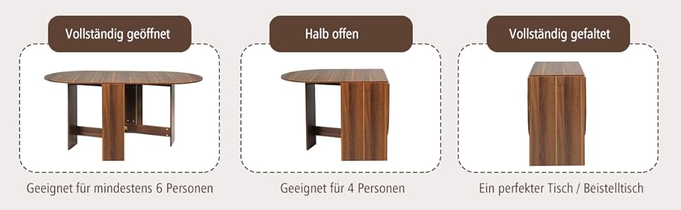 Dining Table with 3 Shapes, Folding Console Table, Wooden Side Table, Folding Table with Rounded Corners, Multifunctional, Round, Modern, for Dining Room, Living Room, Kitchen, Brown