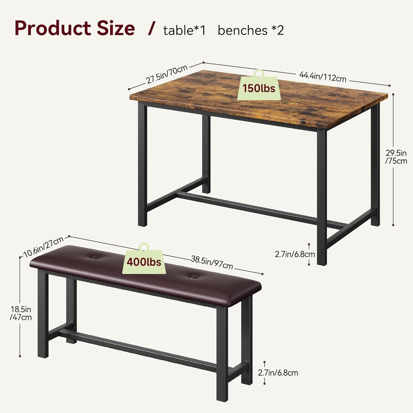 Dining Table with 2 Benches, 3-Piece Dining Set, Bar Table Set, Kitchen Table, Kitchen Table Set with Metal Frame, Dining Room Group for 4 People, for Dining Room, Kitchen