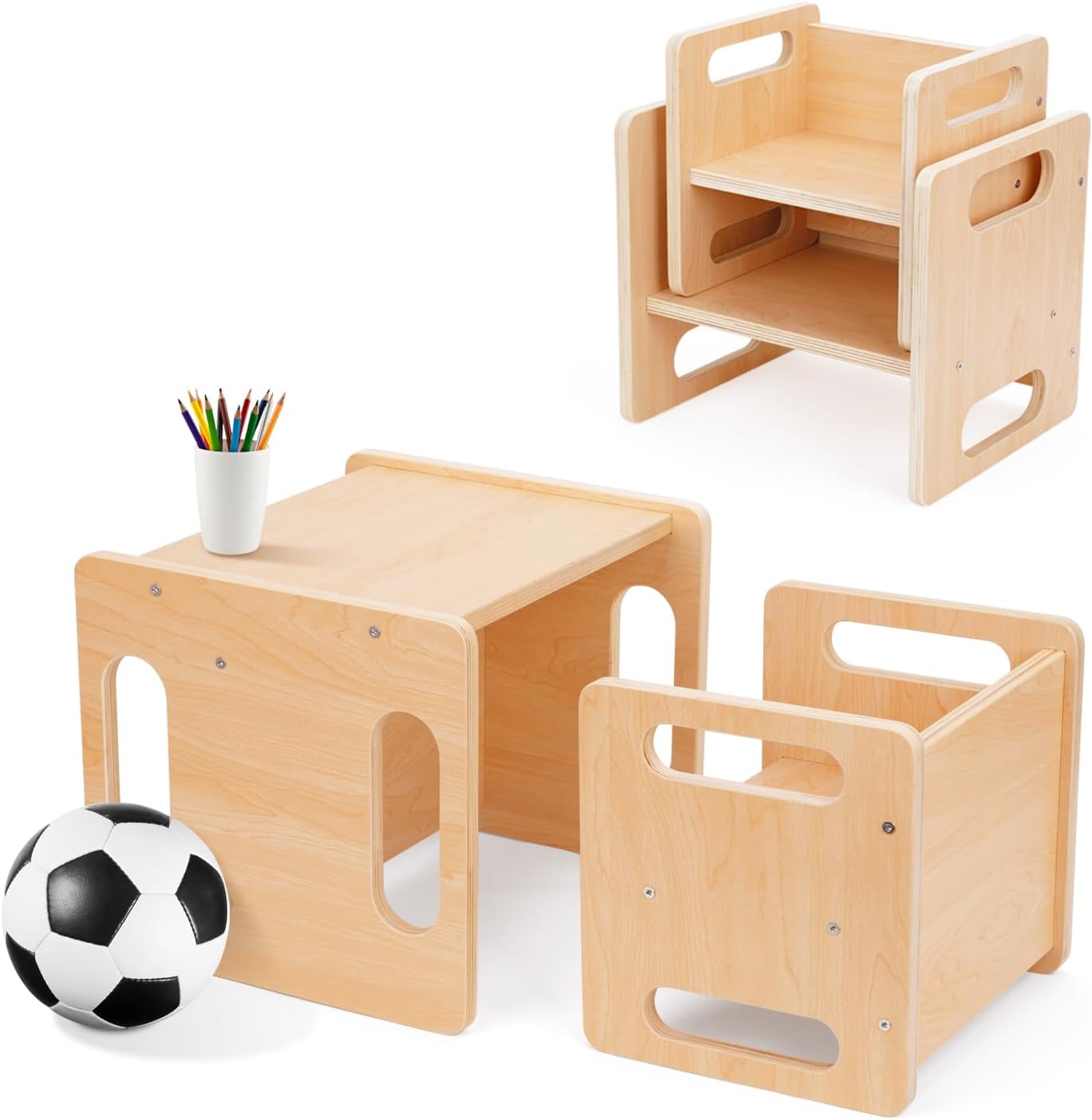 Montessori Weaning Table and Chair Set,Kids Activity Table and Chair Set with Fence for Read, Play Toys, Snack Time,Step Stool,1-3 Year Old Kids Montessori Furniture