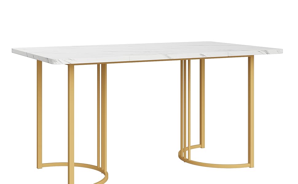 Dining Table 140 x 80 cm, Modern Kitchen Table with Metal Frame, Rectangular Marble Pattern Kitchen Table with Adjustable Feet for Dining Room and Living Room, White/Gold