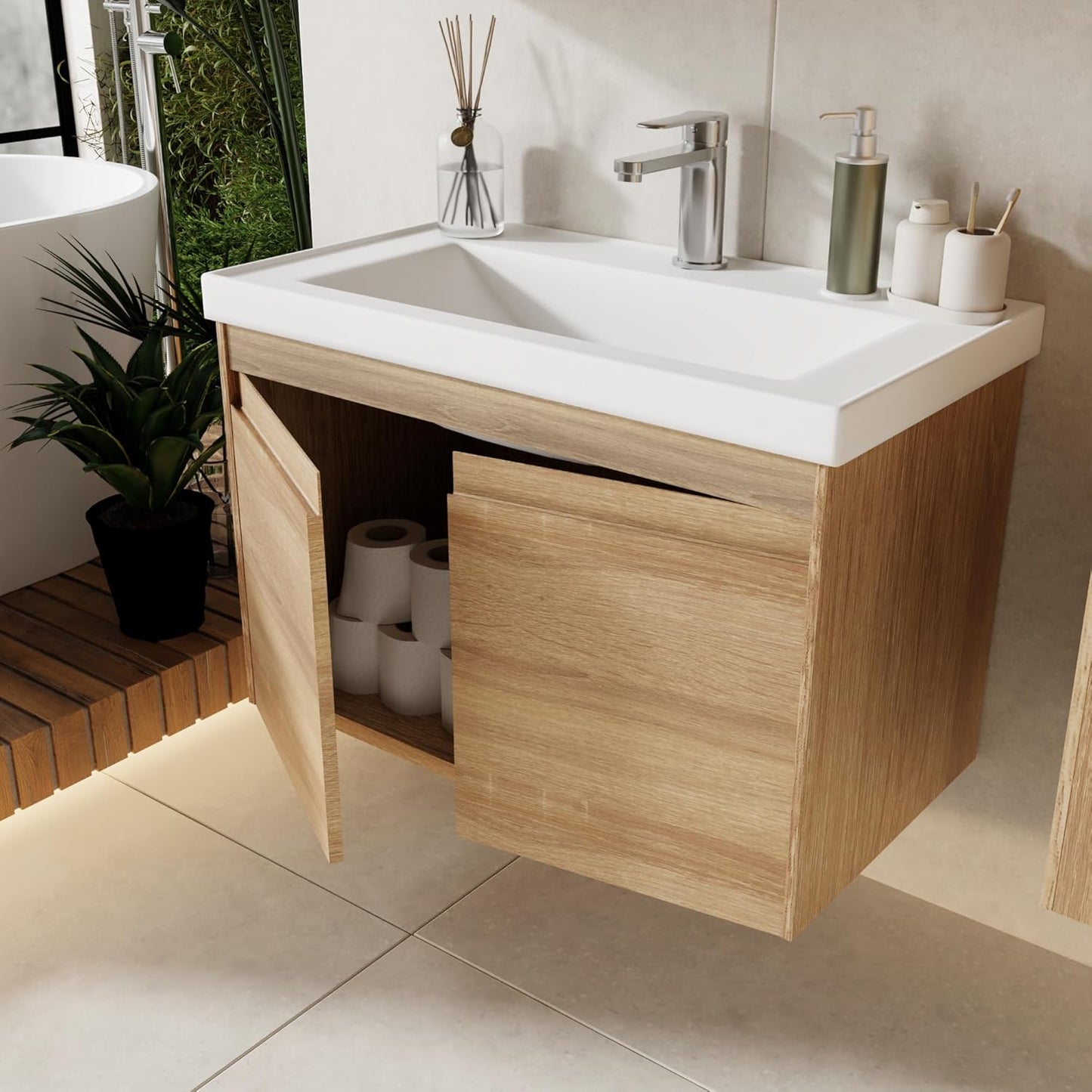 City Bathroom Furniture Set 3-Piece 60 cm | Wash Basin | Mirror Cabinet | Base Cabinet | Sonoma Oak | Soft Close Doors & Invisible Handles | Natural Style | Bathroom Furniture Washbasin