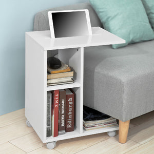 Side Table with Slot for iPad, Newspaper Stand, Coffee Table with Wheels, White, Width Approx. 45 x 58 x 35 cm