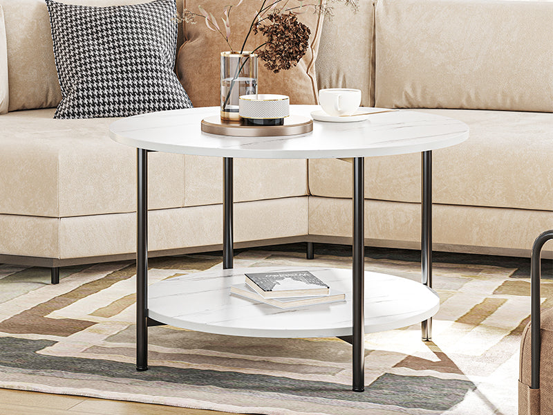 Coffee Table, Living Room Table, 2-Tier, Round Wooden Coffee Table, 80 x 80 x 50 cm, Coffee Table with Storage Space for Couch, Bedroom, Sturdy Metal Frame, Grey