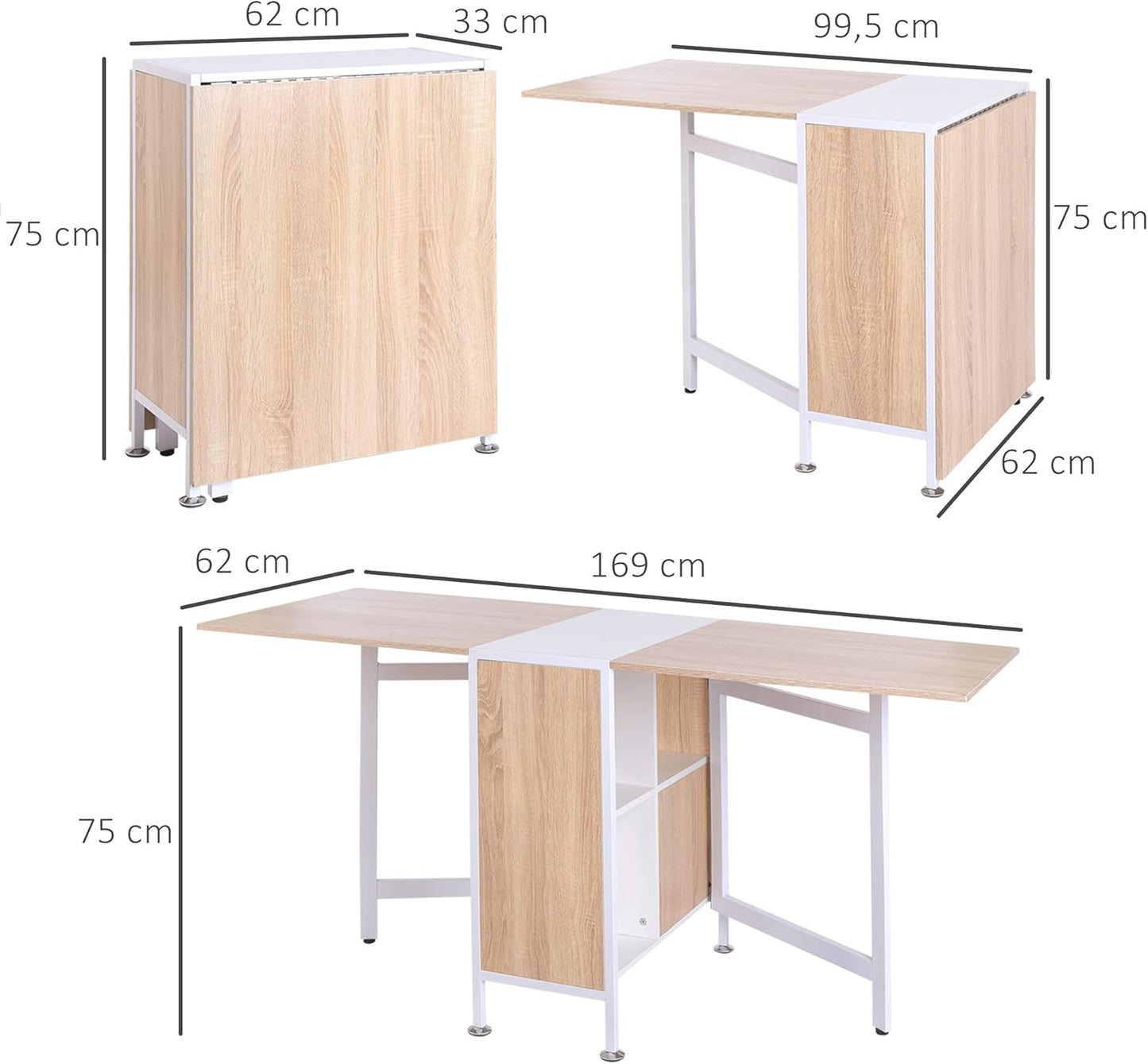 Folding Table, Side Tables, Dining Table, Storage Surface for Living Room, Kitchen, Oak Wood, Metal Frame, Natural + White, 169 x 60 x 75 cm