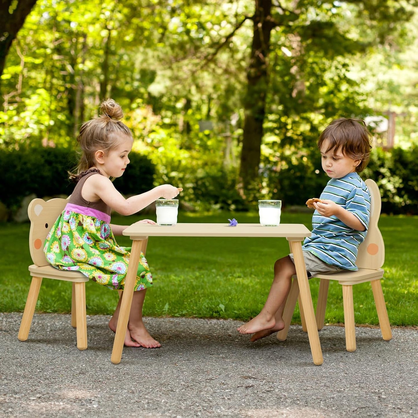 Kids Wood Table and Chair Set - Including 2 Animal Chairs - Waterproof Desktop - Adorable Toddler Table Chairs Set for Eating, Snack Time and Play Games