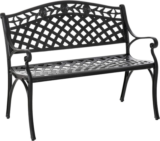 2-Seater Aluminium Garden Bench Metal Bench with Armrests Country House Style Black 102.5 x 61 x 84 cm