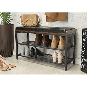 Shoe Rack Metal Black with 2 Shelves and Faux Leather Seat | Loft Shoe Cabinet 80 cm Wide and 48 cm High for Space-Saving | Hallway Furniture