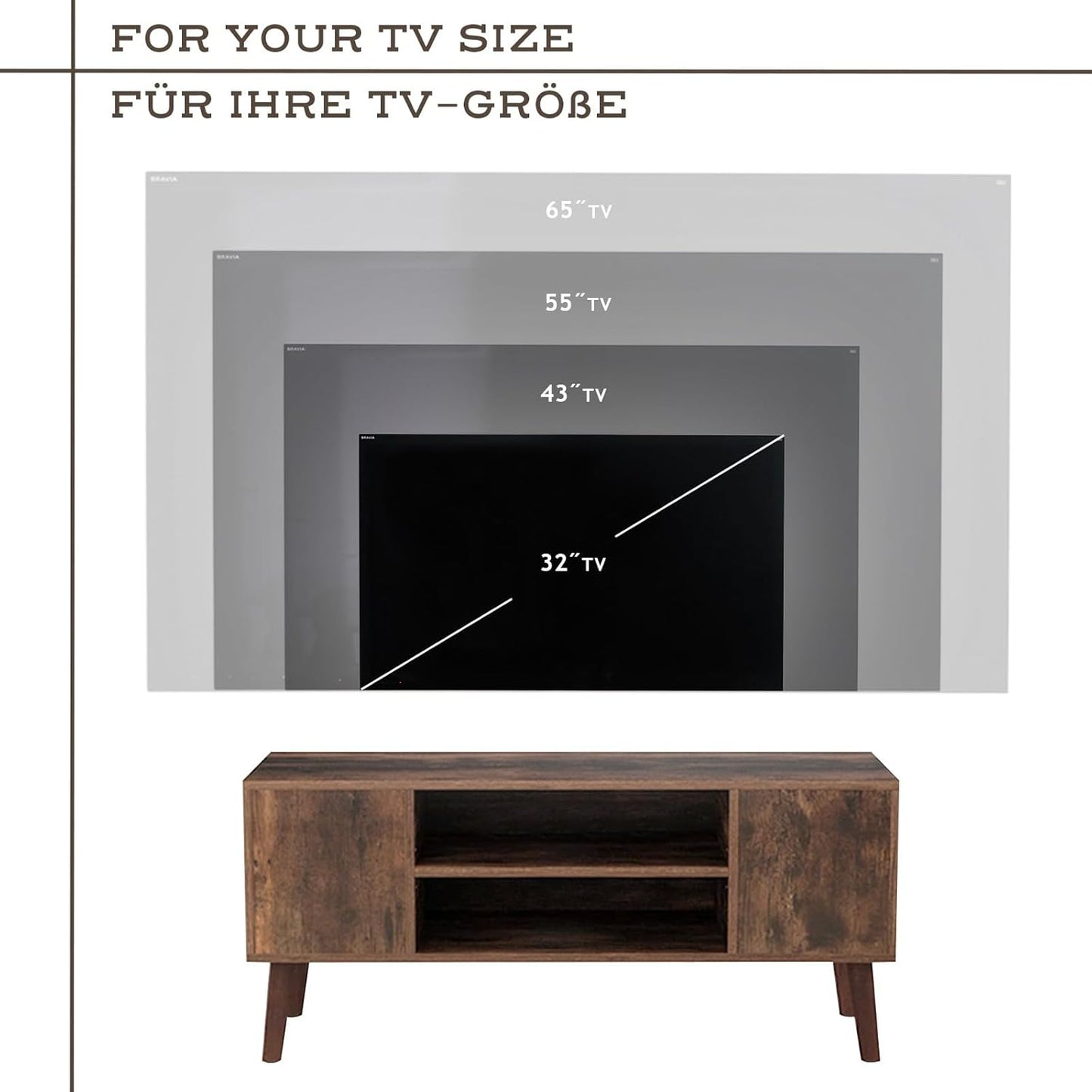 Lowboard TV Cabinet - 110 x 50 x 40 cm, for TV 65 Inches, for Living Room, Cable Opening, Dark Brown - Vintage TV Cabinet, TV Shelf, Sideboard, TV Table, TV Furniture