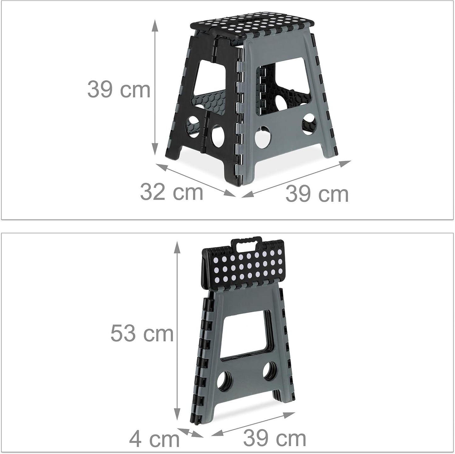 Folding Stool, Camping Stool, Children's Bathroom Stool, up to 150 kg, Plastic, H x W x D: 39 x 39 x 32 cm, Grey/Black