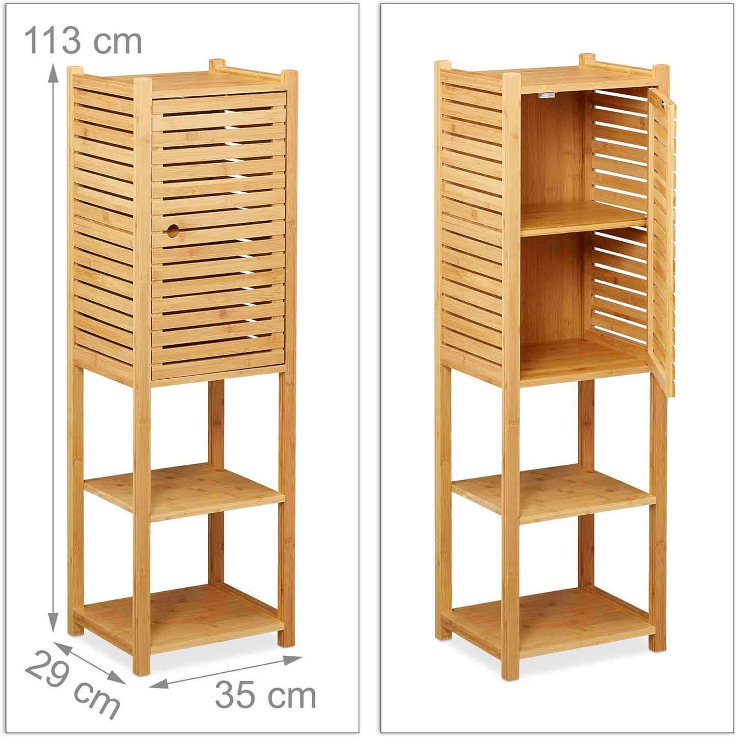 Relaxdays Bamboo Bathroom Shelf, 5 Shelves with Door, Free Standing, Bathroom & Kitchen, Narrow Bathroom Furniture, H x W x D: 113 x 35 x 29 cm, natural, 1 piece.