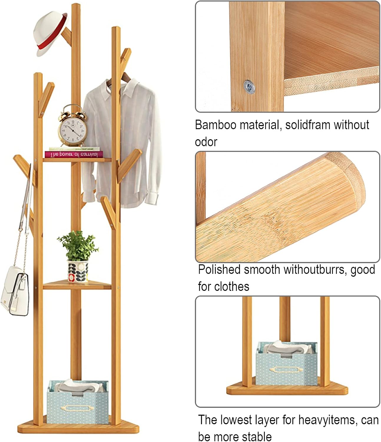 Coat Rack Clothes Rack Freestanding Coat Rack 8 Hooks with 2 Shelves for Clothes Hat Bags (Wood Color)