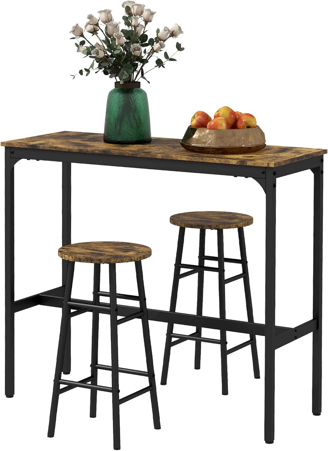 Bar Table Set, 3-Piece Dining Set, Kitchen Table with 2 Bar Stools in Industrial Design, Bar Table with Bar Stool Set, for Kitchen, Dining Room, Steel, Rustic Brown