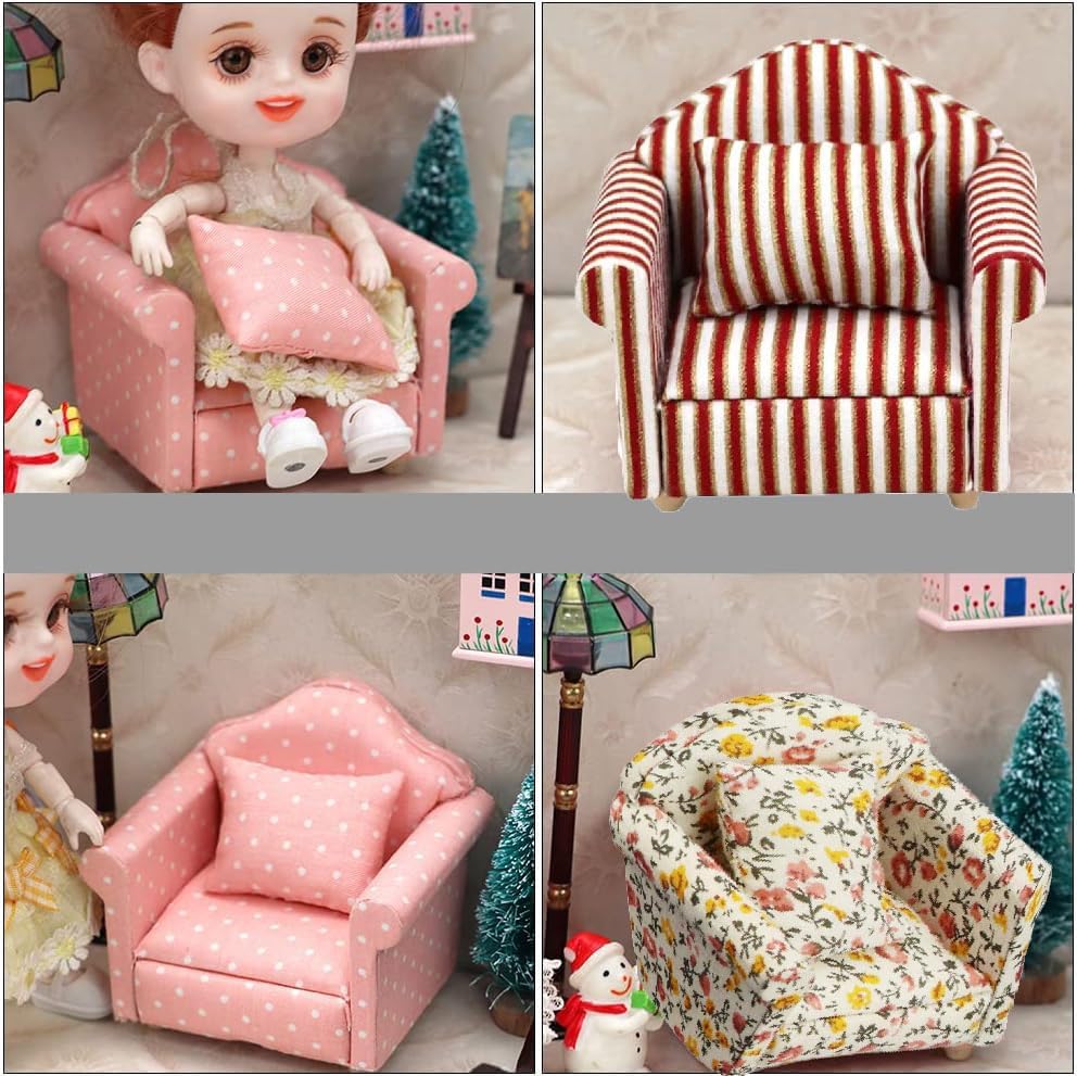 LATRAT Dollhouse Sofa, 1:12 Dollhouse Miniature Furniture Model Cloth Floral Pattern Couch Chair Sofa with Cushion, Accessories Floral Pattern Mini Furniture Sofa Set with Back Cushion, Striped