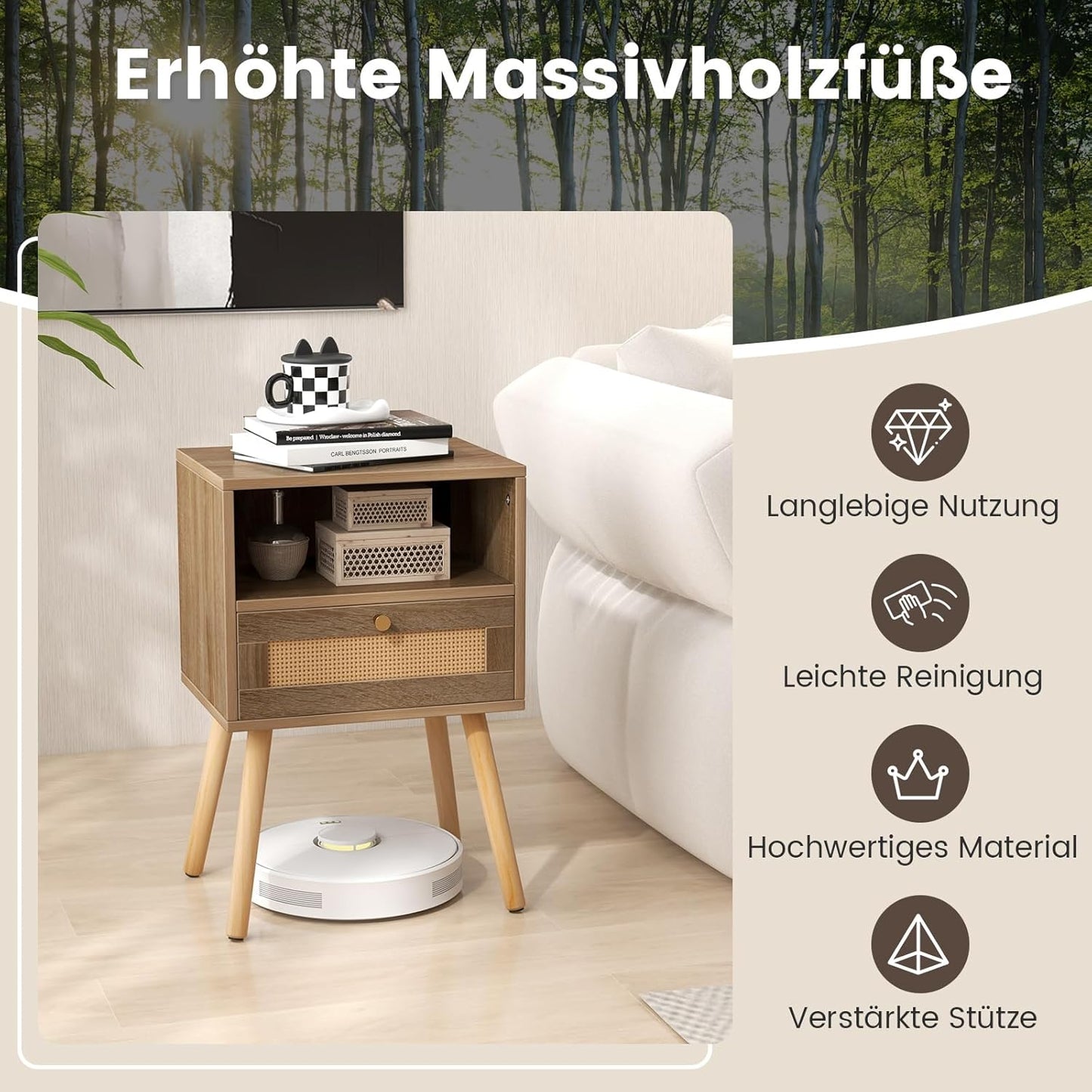 COSTWAY Nachttisch Rattan 2er Set, Nachtschrank mit Schublade & offenem Fach, Beistelltisch mit Massivholzbeinen, Nachtkommode im Boho-Stil, Sofatisch für Schlafzimmer, Wohnzimmer, 40 x 30 x 60,5 cm