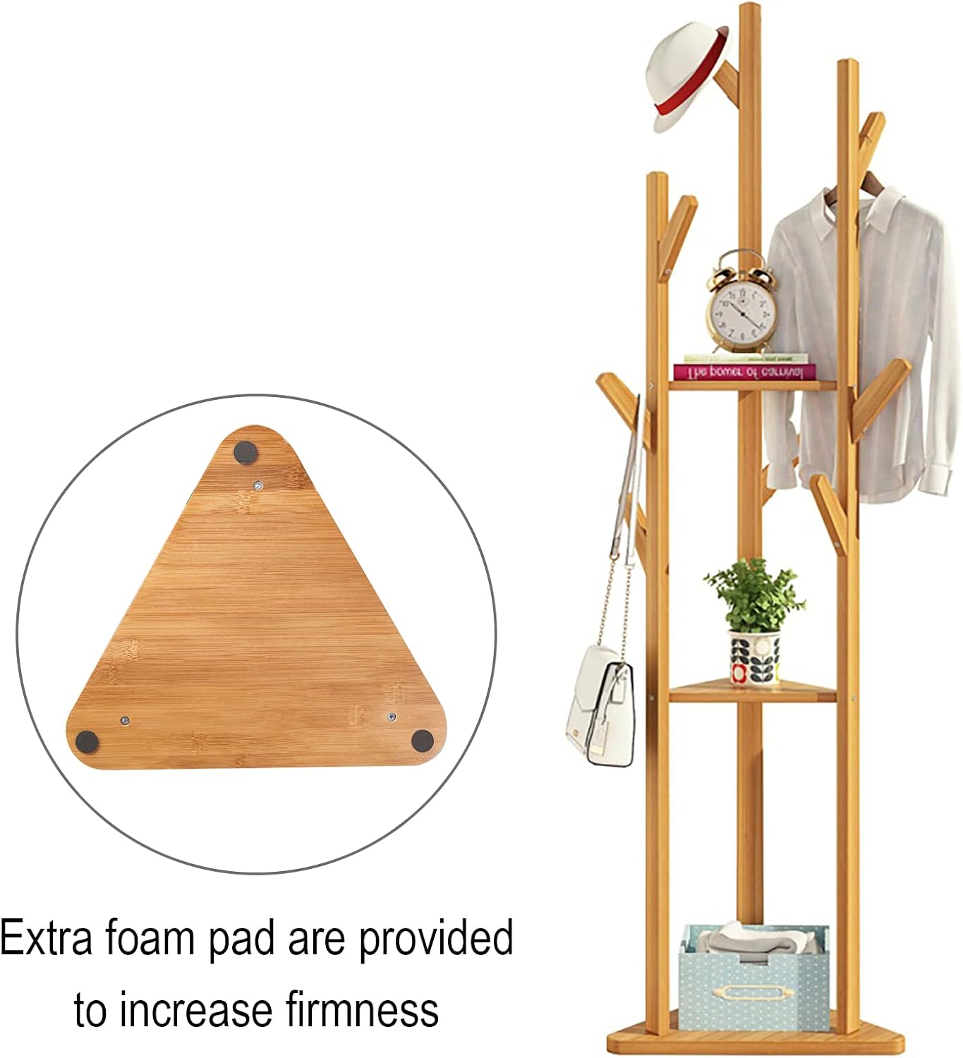 Coat Rack Clothes Rack Freestanding Coat Rack 8 Hooks with 2 Shelves for Clothes Hat Bags (Wood Color)