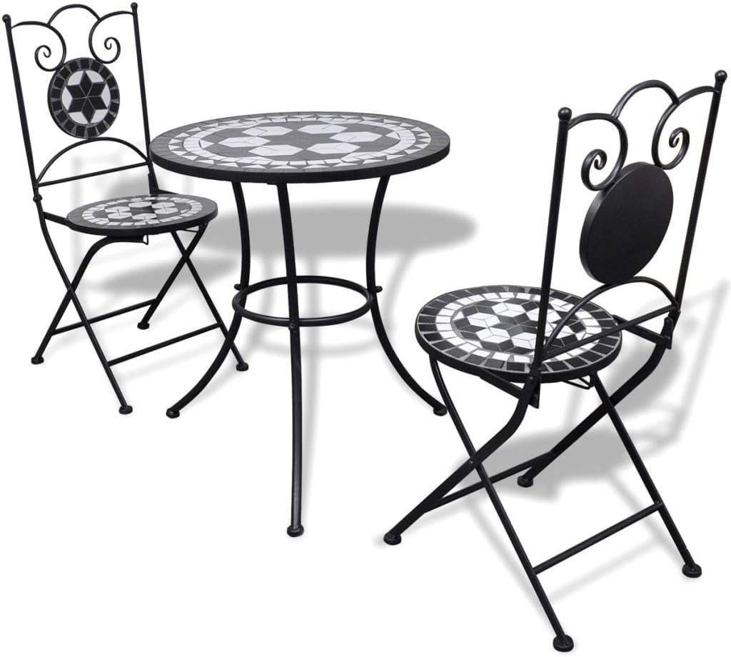 Bistro Set 3-Piece Balcony Furniture Garden Furniture Mosaic Table 2 Mosaic Chairs Ceramic Black and White