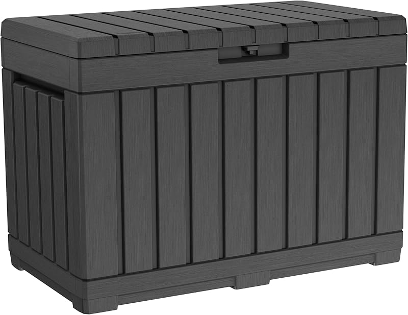 Keter Kentwood 50 Gallon Resin Deck Box-Organization and Storage for Patio Cushions, Throw Pillows and Garden Tools, Dark Grey