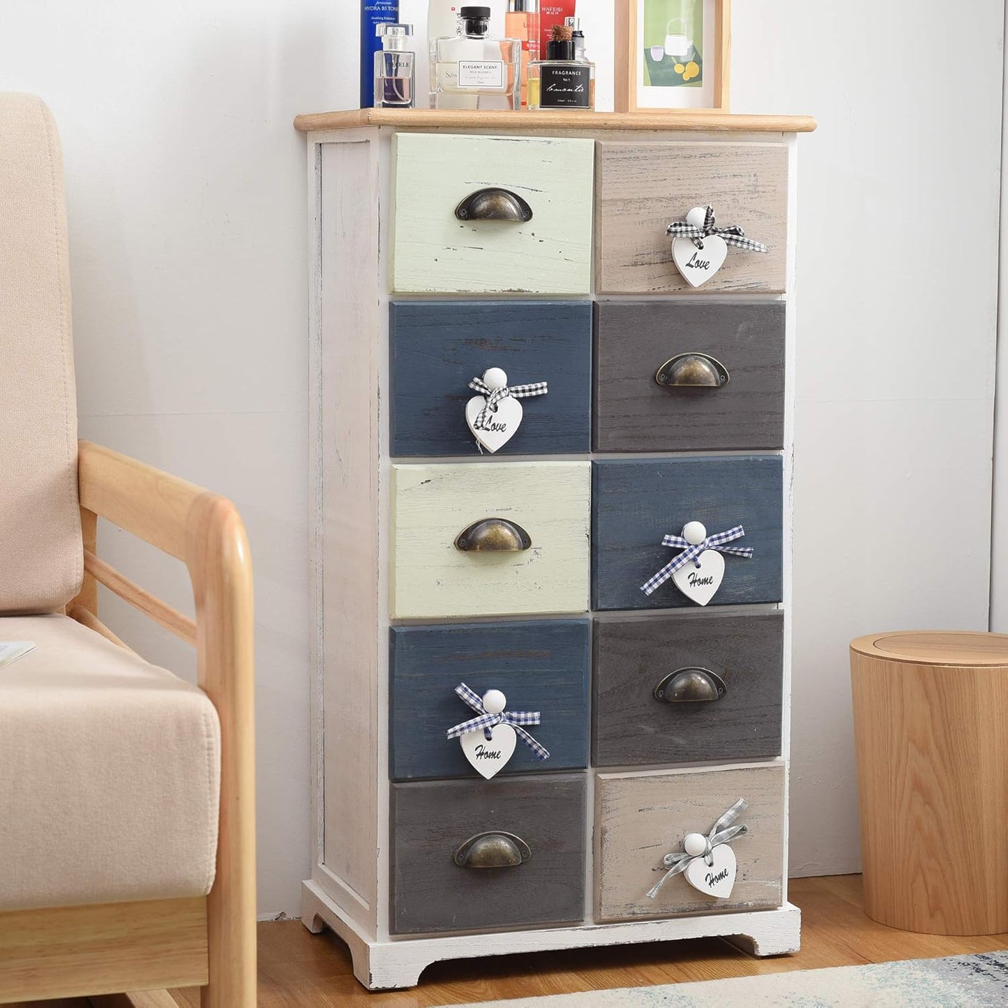 Rebecca Mobili RE4485 10 Drawer Cabinet Vintage Style Paulownia Wood White Blue Grey Bedroom Entrance Hallway - Dimensions: 88 x 48 x 30 cm (H x L x W) - Item RE4485