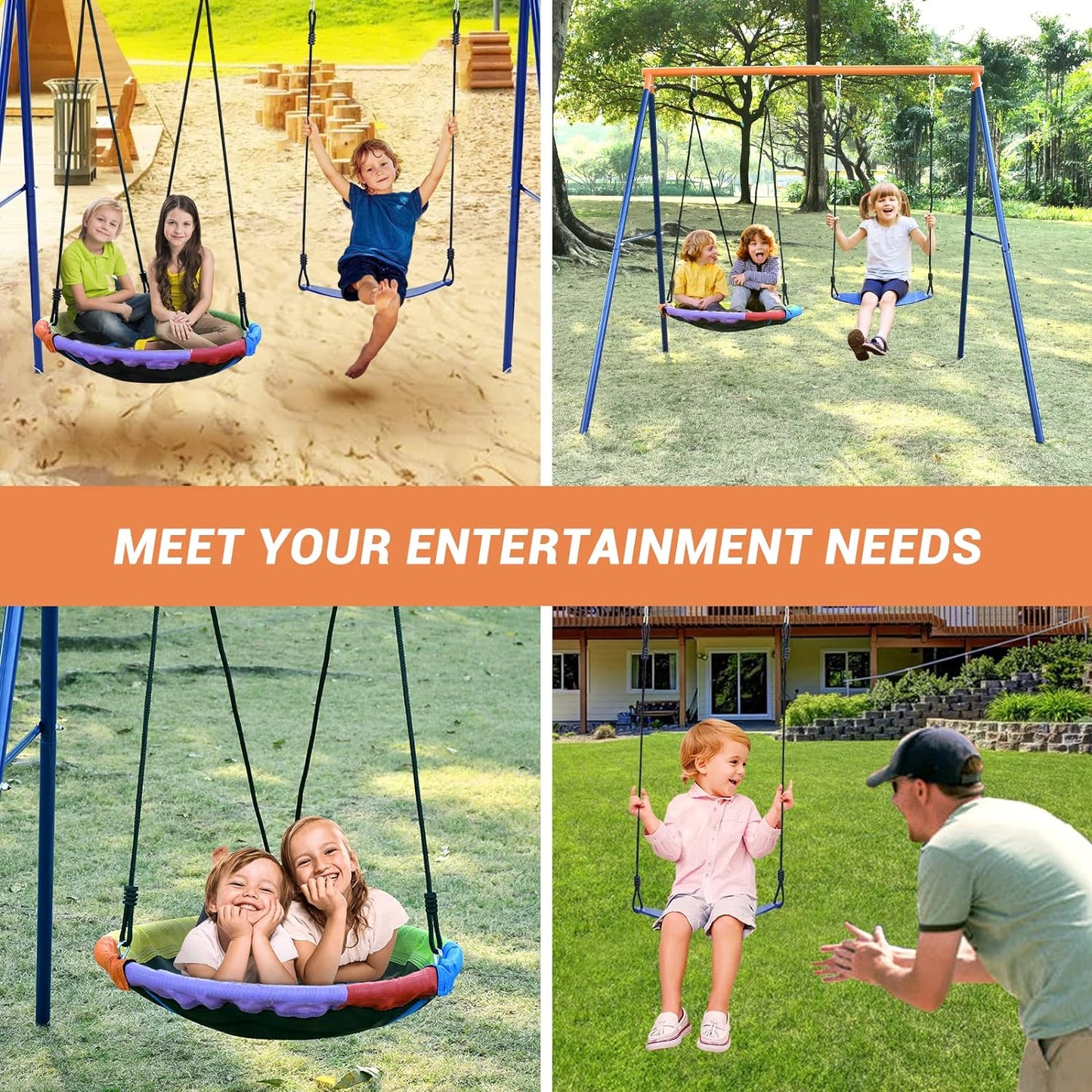 Swing Set for Backyard, 440lbs Swing Set with Heavy-Duty A-Frame Metal Outdoor Swing Stand, 1 Saucer Swing Seat & 1 Belt Swings Seat